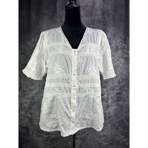 Forever That Girl Anthropologie Lace-Trimmed Buttondown Blouse White Size 10